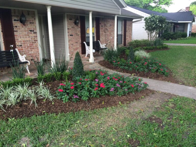 A healthy green lawn with a clean cut edge running up to a planted border