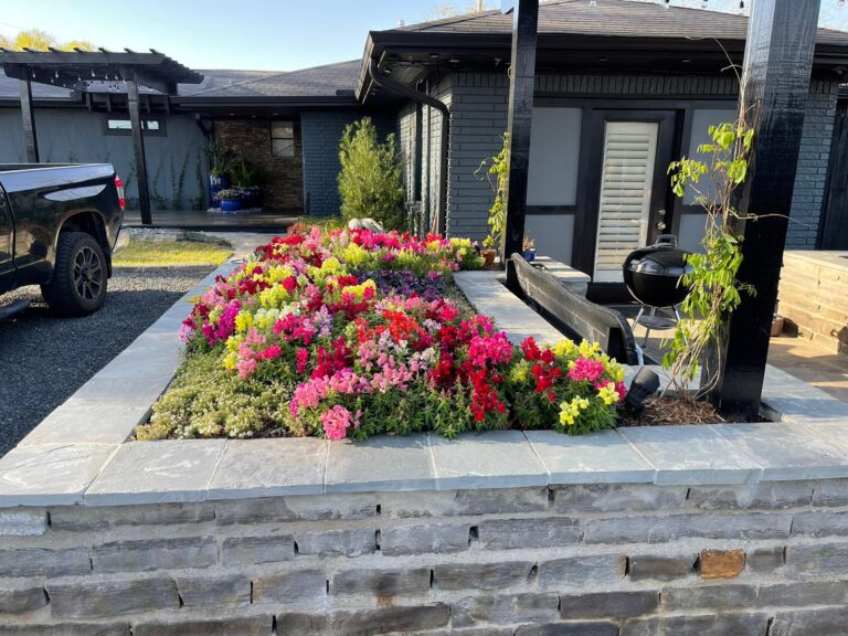 A modern Houston home with a freshly planted bed of pink and red flowering shrubs along the entry