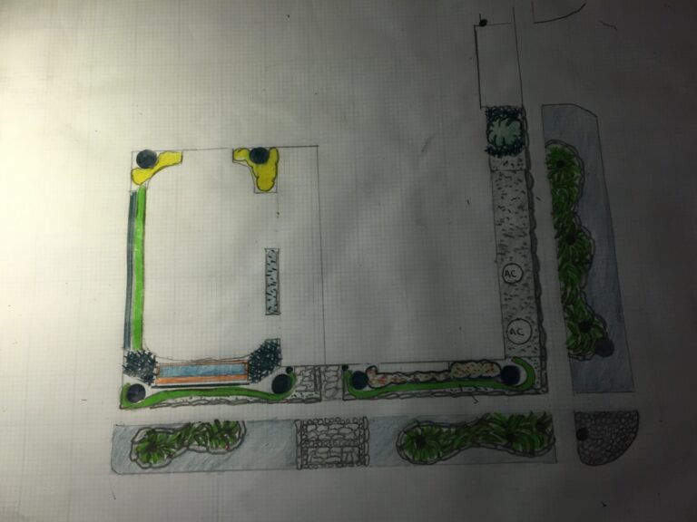 A landscape rendering showing a designed outdoor space